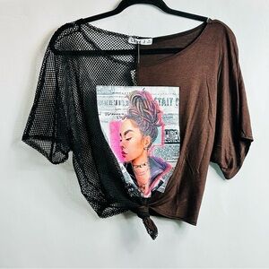 NWT Love J Women’s Sz Medium Brown With Black Fishnet Graphic Print Crop Top
